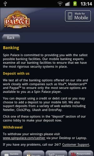 Banking Deposit Methods in Spin Palace Mobile Casino