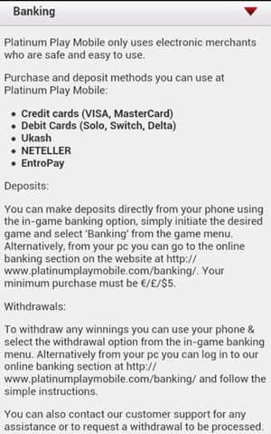 Banking Deposit Methods in Platinum Play Mobile Casino